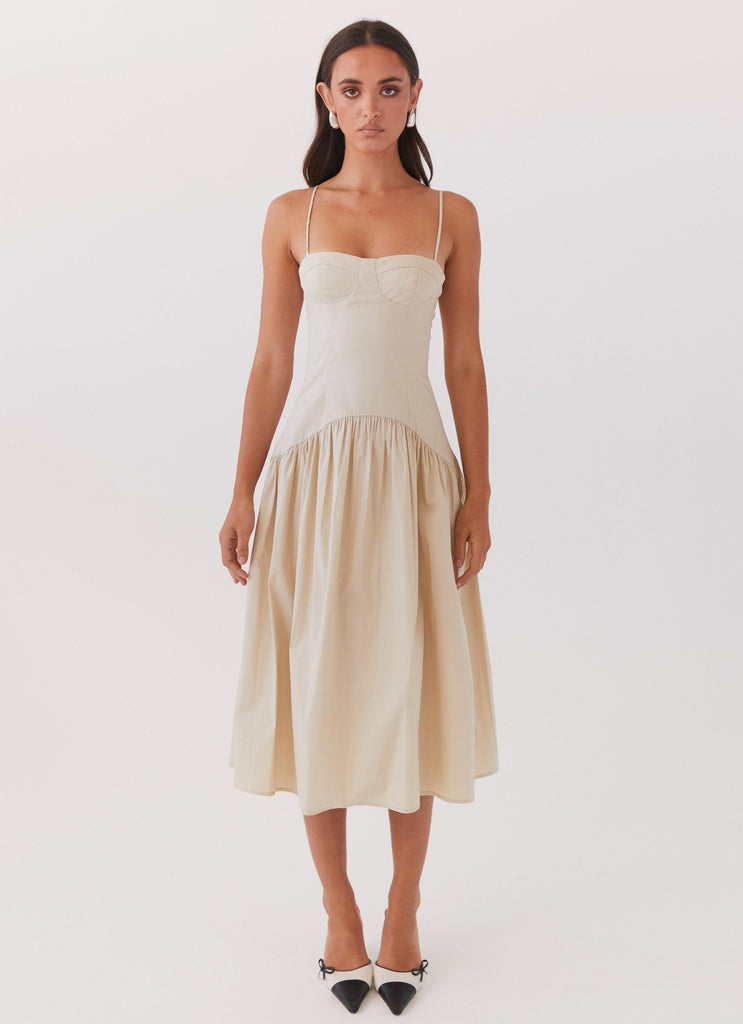 Womens Yvette Corset Midi Dress in the colour Desert Sage in front of a light grey background