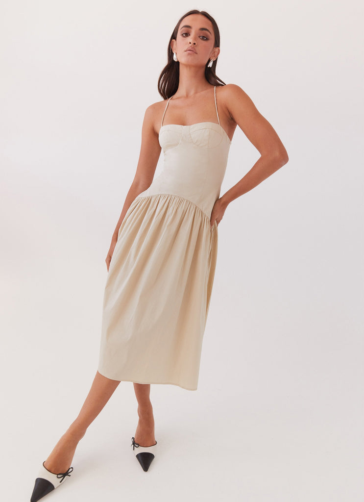 Womens Yvette Corset Midi Dress in the colour Desert Sage in front of a light grey background