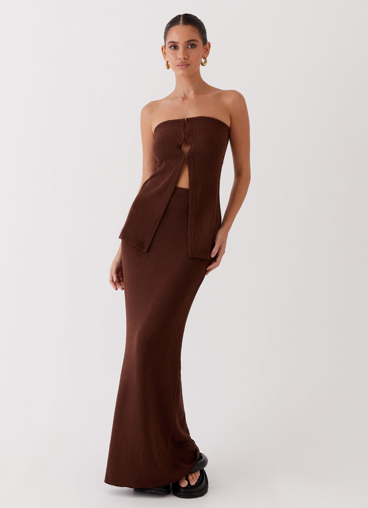 Womens Delicate Lady Knit Maxi Skirt in the colour Chocolate in front of a light grey background