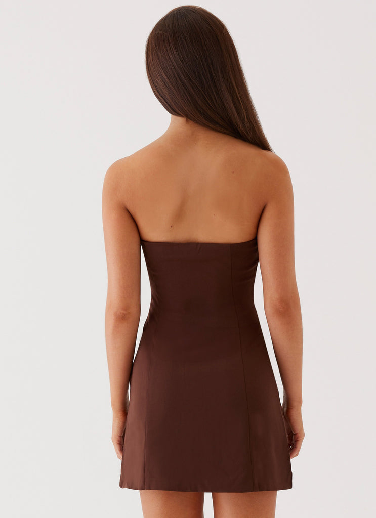 Womens Ayanna Strapless Mini Dress in the colour Chocolate in front of a light grey background