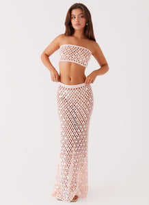 Womens Evissa Crochet Maxi Skirt in the colour Pink in front of a light grey background