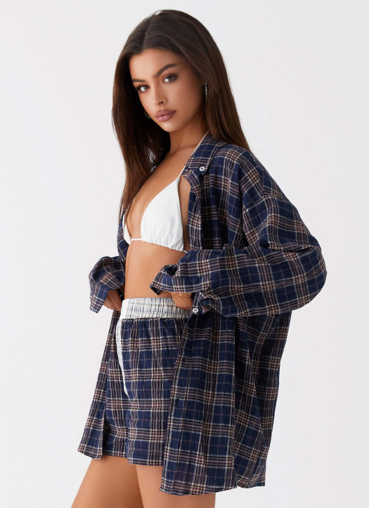 Womens Harley Oversized Shirt in the colour Navy Check in front of a light grey background