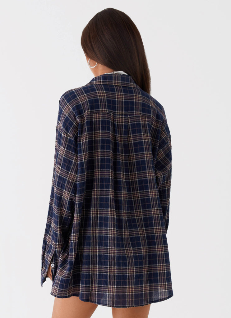 Womens Harley Oversized Shirt in the colour Navy Check in front of a light grey background