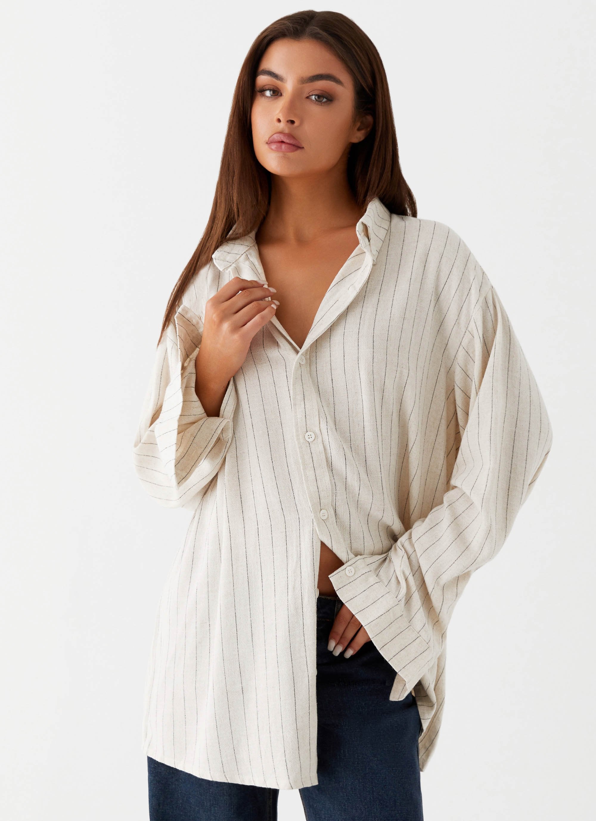 Lockie Oversized Linen Shirt Oat Pinstripe Peppermayo UK lockie-oversized-linen-shirt-oat-pinstripe-peppermayo-uk