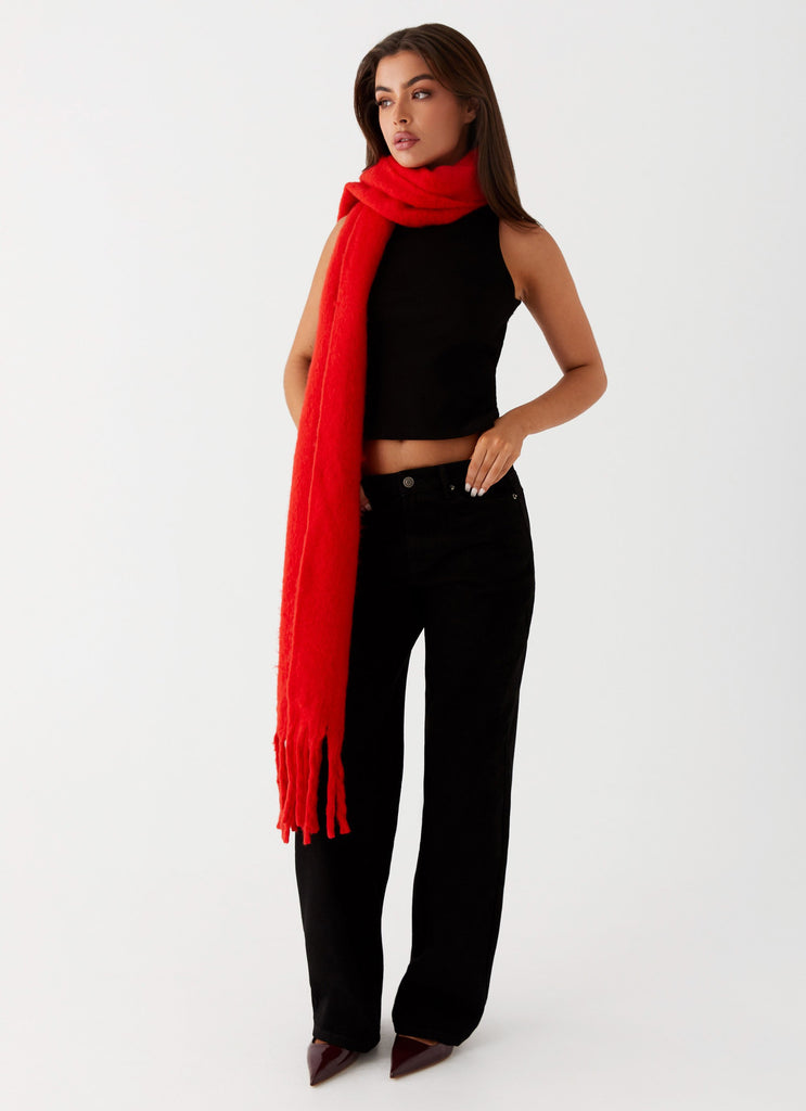 Womens Claret Plain Knit Scarf in the colour Red in front of a light grey background