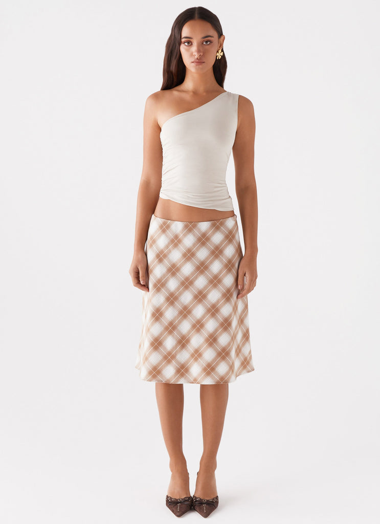 Womens Andie Midi Skirt in the colour Brown/White Plaid in front of a light grey background