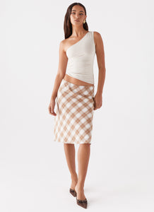 Womens Andie Midi Skirt in the colour Brown/White Plaid in front of a light grey background