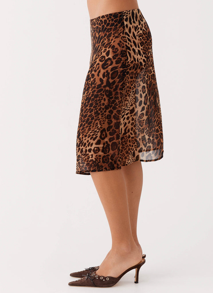 Womens Evoke Chiffon Midi Skirt in the colour Leopard in front of a light grey background