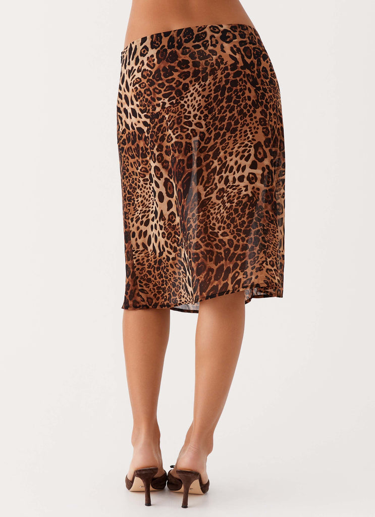 Womens Evoke Chiffon Midi Skirt in the colour Leopard in front of a light grey background