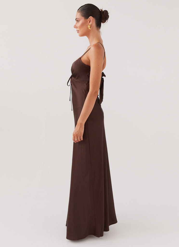 Womens Flora Satin Maxi Dress in the colour Chocolate in front of a light grey background