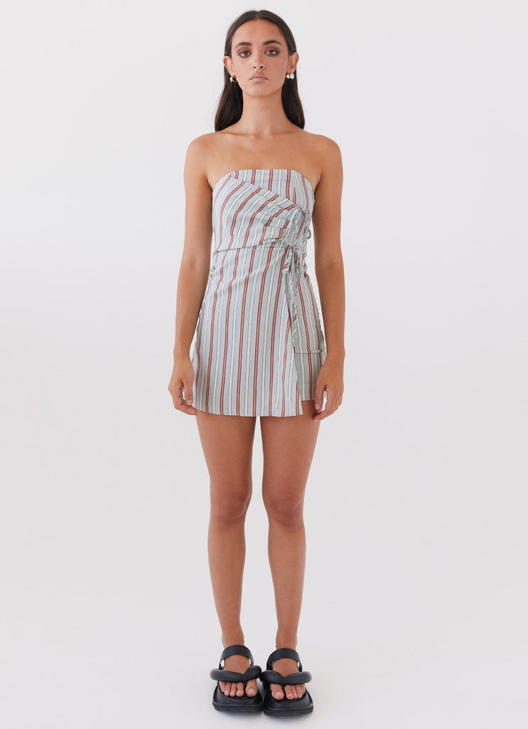 Womens Lavinia Linen Tube Mini Dress in the colour Coastal Stripe in front of a light grey background