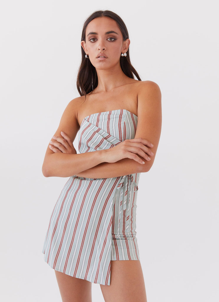 Womens Lavinia Linen Tube Mini Dress in the colour Coastal Stripe in front of a light grey background