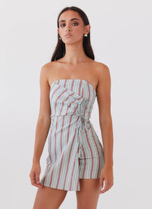 Womens Lavinia Linen Tube Mini Dress in the colour Coastal Stripe in front of a light grey background