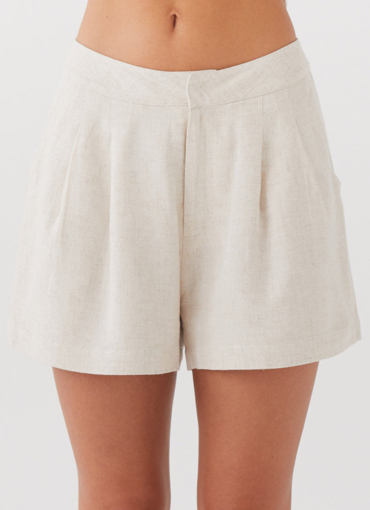 Womens Born For Bordeaux Linen Shorts in the colour Oatmeal in front of a light grey background