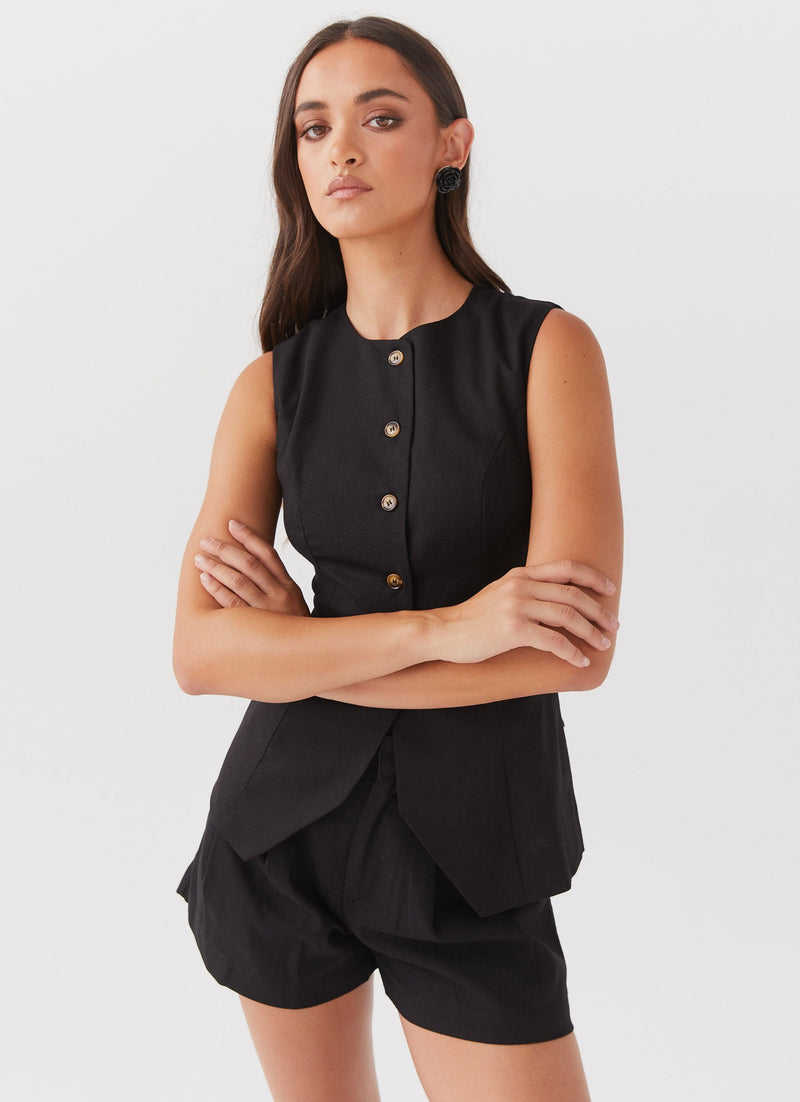 Womens Born For Bordeaux Linen Vest in the colour Black in front of a light grey background