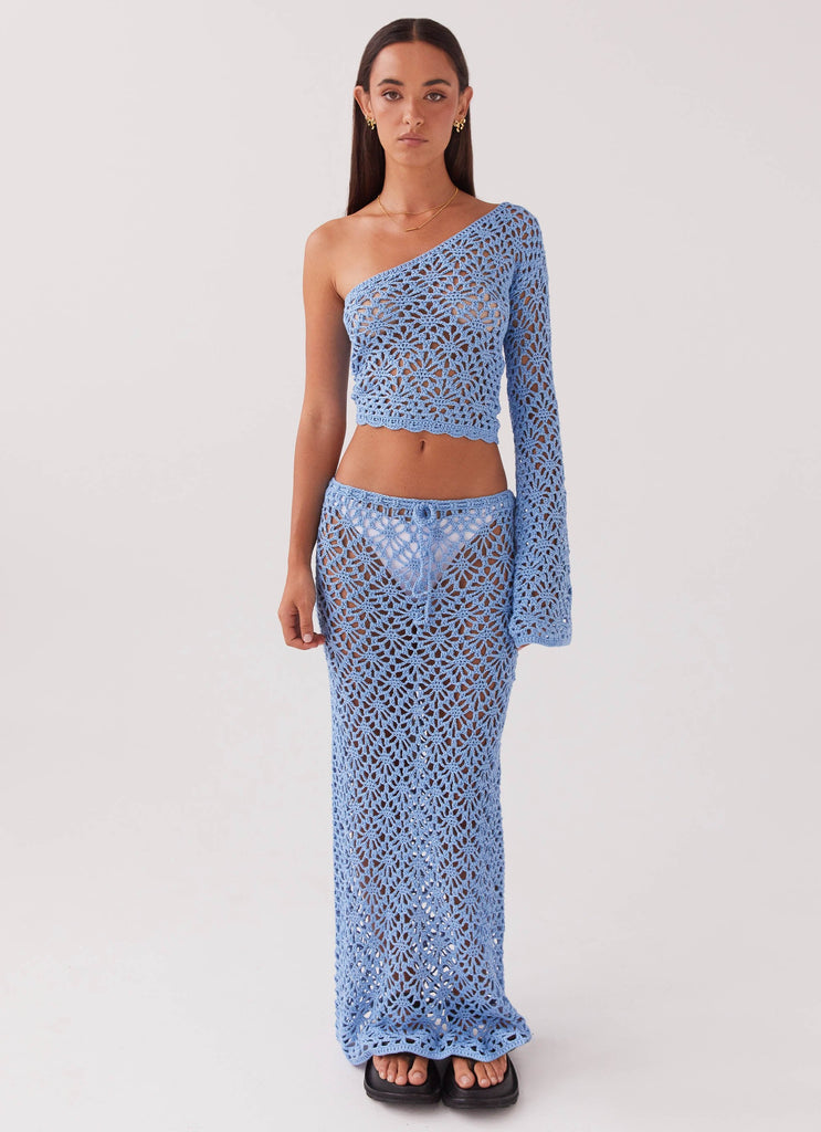 Womens Merliah Crochet Maxi Skirt in the colour Blue in front of a light grey background