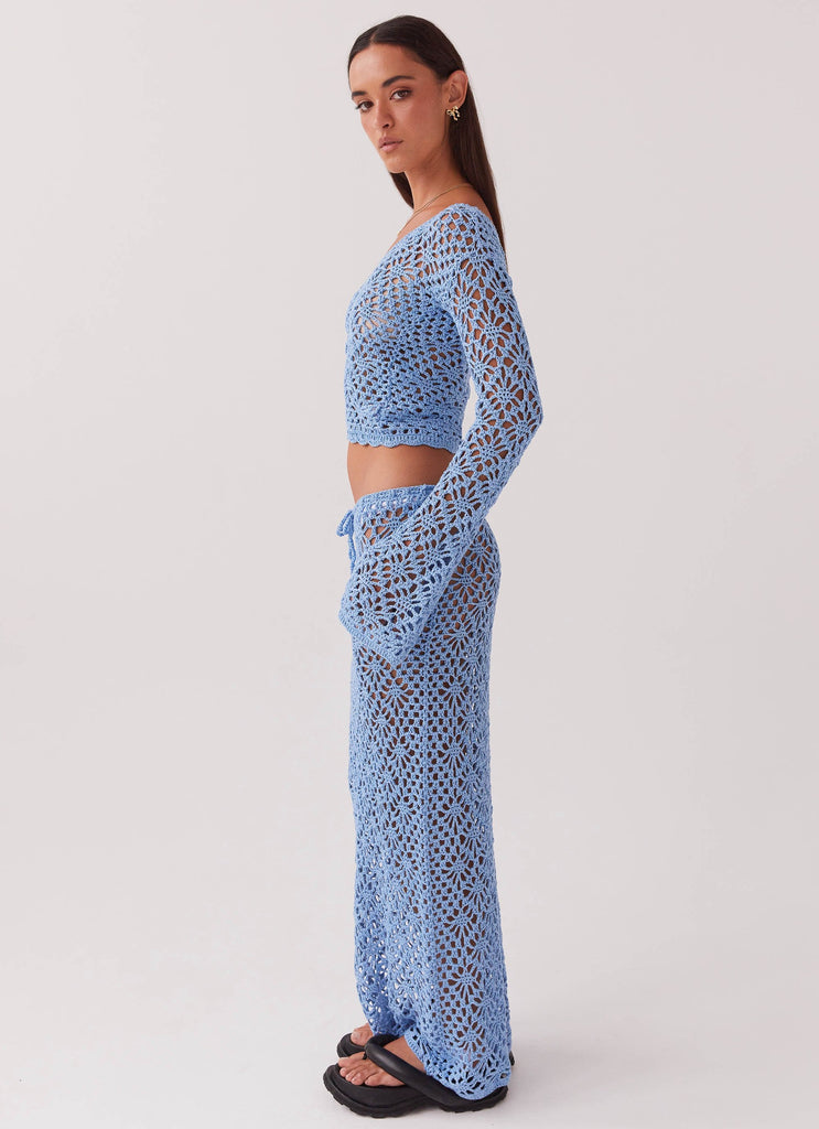 Womens Merliah Crochet Maxi Skirt in the colour Blue in front of a light grey background