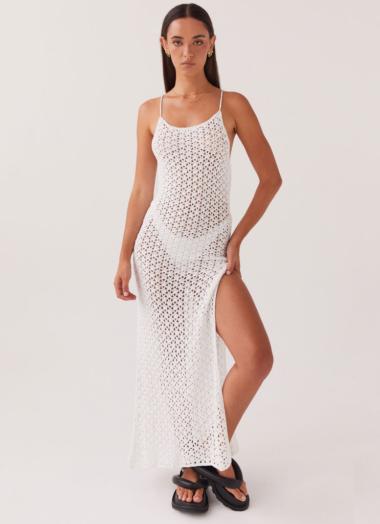 Womens Shellie Crochet Maxi Dress in the colour White in front of a light grey background