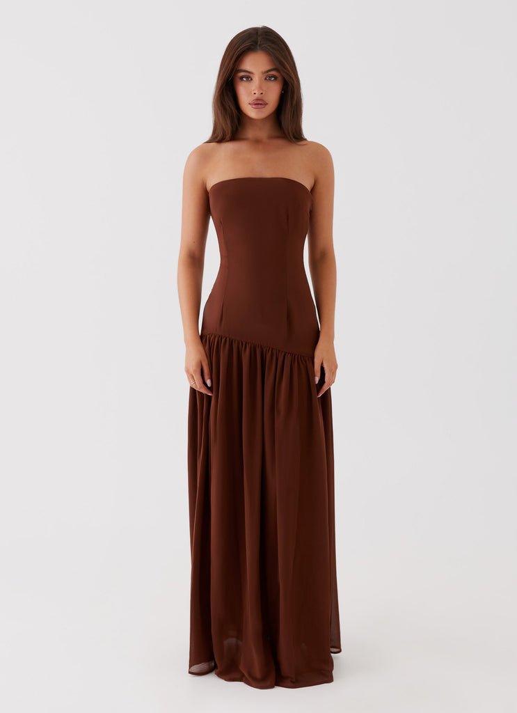 Womens Eden Strapless Maxi Dress in the colour Brown in front of a light grey background