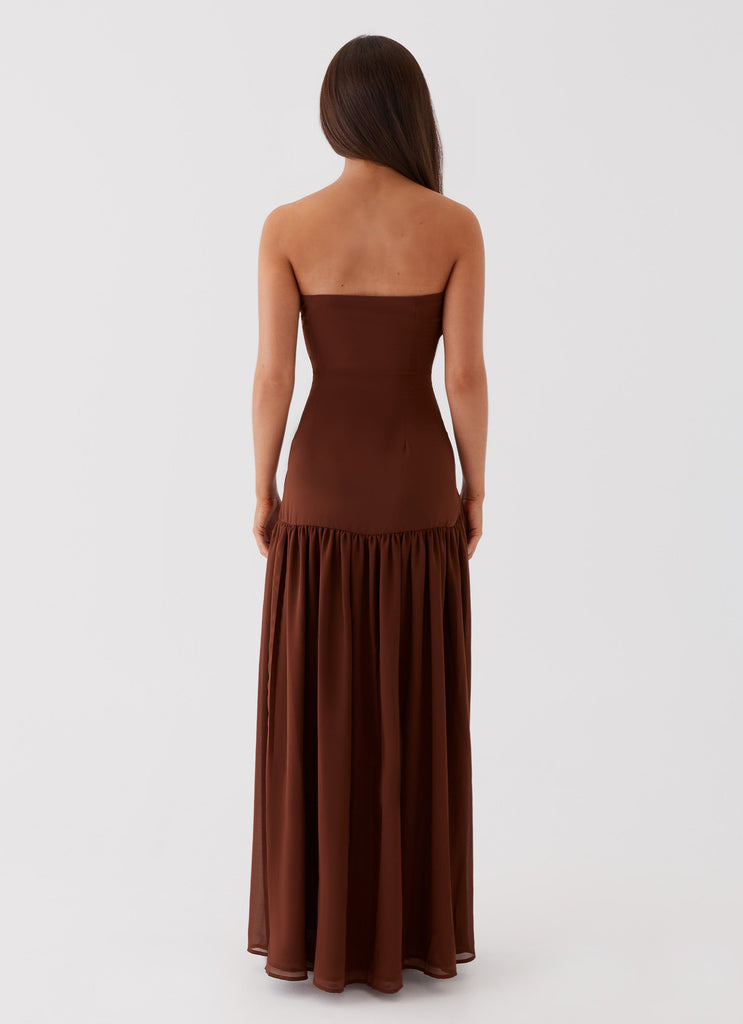 Womens Eden Strapless Maxi Dress in the colour Brown in front of a light grey background