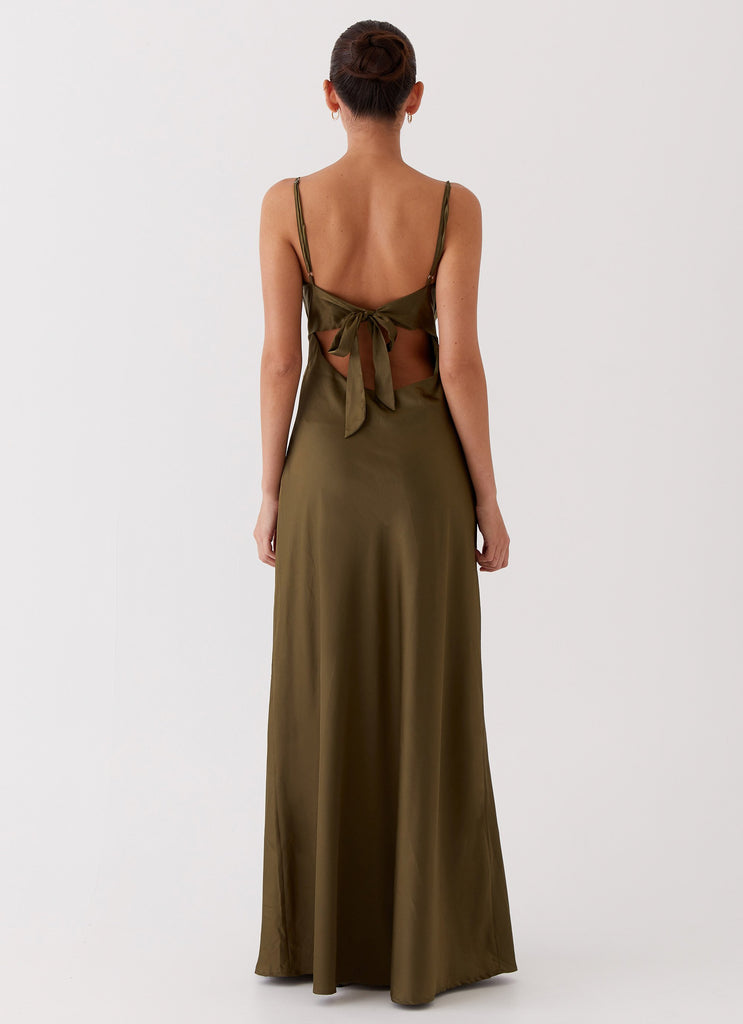 Womens Flora Satin Maxi Dress in the colour Khaki in front of a light grey background