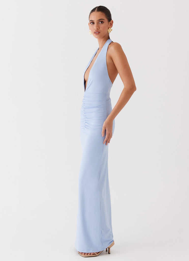 Womens Whisked Away Halterneck Maxi Dress in the colour Blue in front of a light grey background