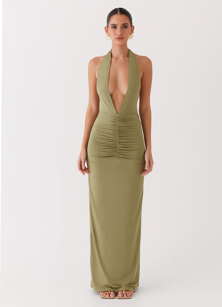 Womens Whisked Away Halterneck Maxi Dress in the colour Olive in front of a light grey background