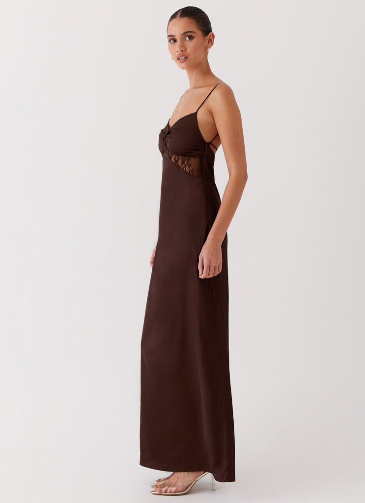 Womens Dream Sight Lace Satin Maxi Dress in the colour Chocolate in front of a light grey background