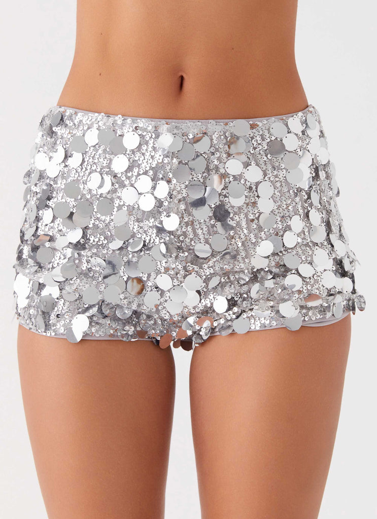 Womens Try Me Sequin Mini Shorts in the colour Silver in front of a light grey background