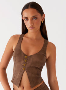 Womens West District PU Top in the colour Brown in front of a light grey background