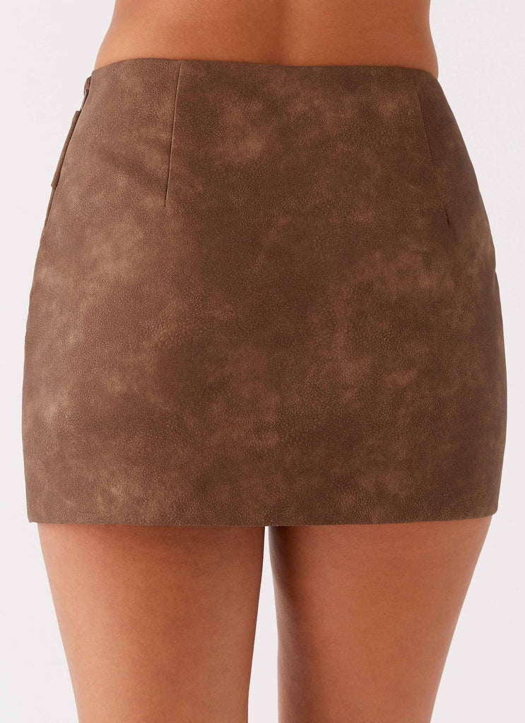 Womens West District PU Mini Skirt in the colour Brown in front of a light grey background