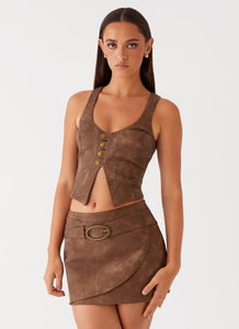 Womens West District PU Mini Skirt in the colour Brown in front of a light grey background