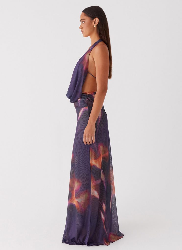 Womens Elysia Mesh Maxi Dress in the colour Midnight Bloom in front of a light grey background