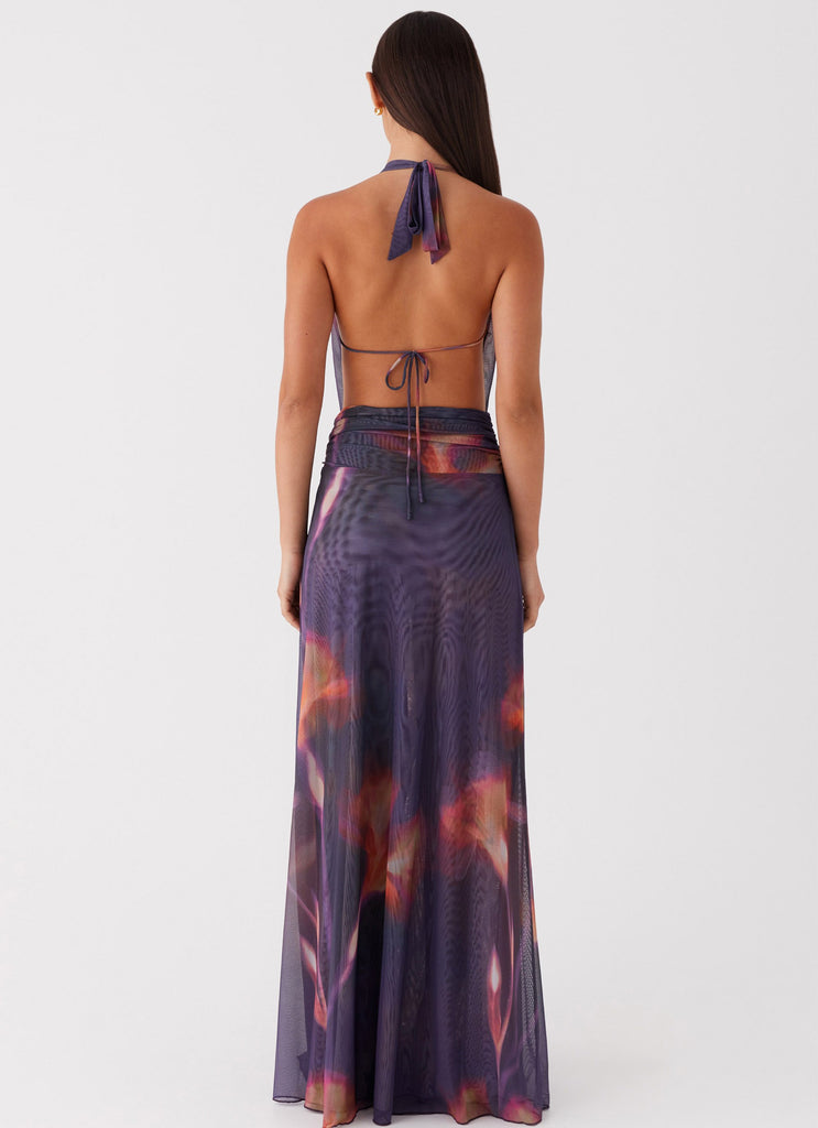 Womens Elysia Mesh Maxi Dress in the colour Midnight Bloom in front of a light grey background