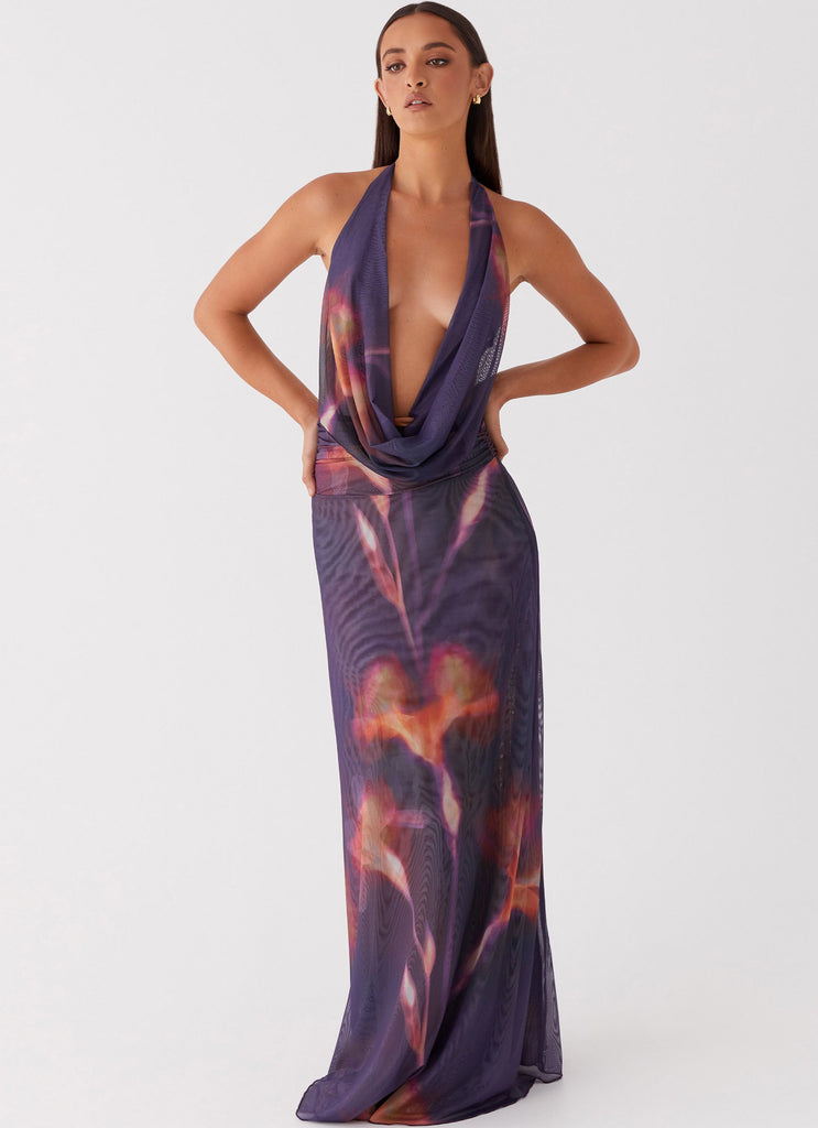 Womens Elysia Mesh Maxi Dress in the colour Midnight Bloom in front of a light grey background