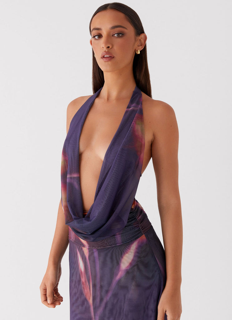 Womens Elysia Mesh Maxi Dress in the colour Midnight Bloom in front of a light grey background