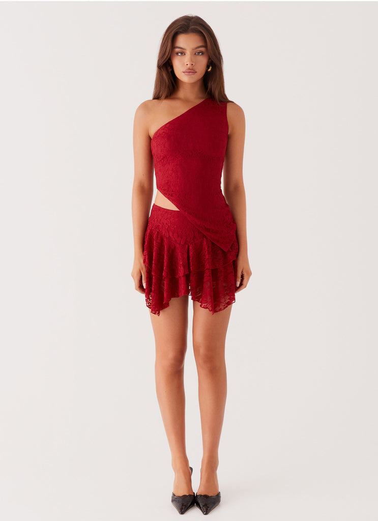 Womens Party All Night Frill Mini Skirt in the colour Maroon in front of a light grey background