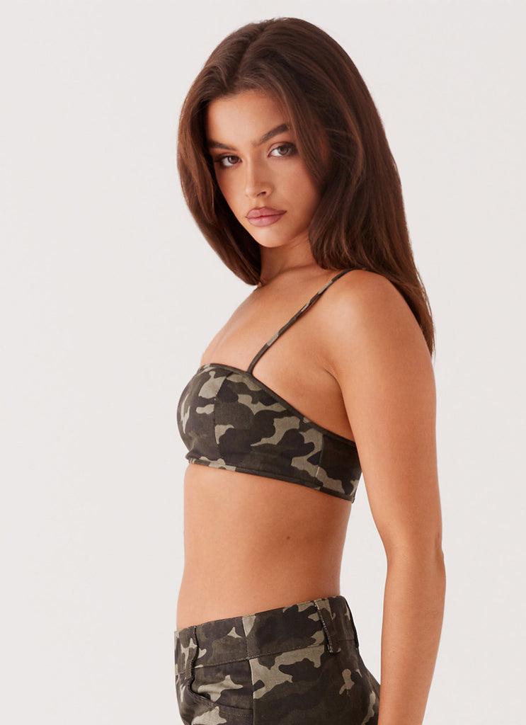 Womens Underground Lust Crop Top in the colour Camo in front of a light grey background