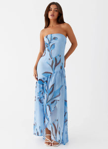 Womens Solaris Strapless Maxi Dress in the colour Blue Floral in front of a light grey background