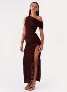 Womens Ciara One Shoulder Draped Maxi Dress in the colour Chocolate in front of a light grey background