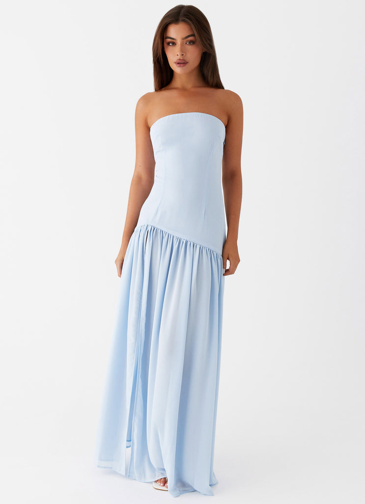 Womens Eden Strapless Maxi Dress in the colour Blue in front of a light grey background