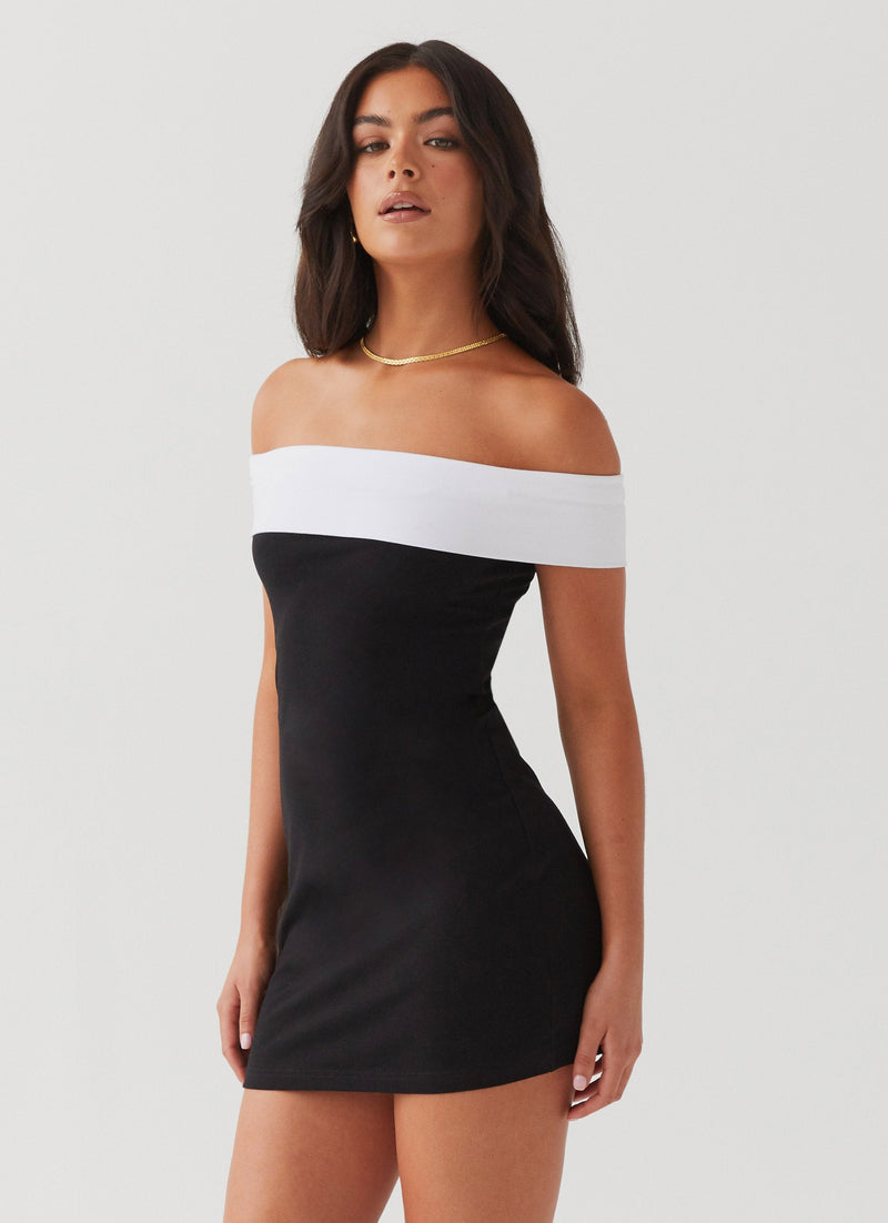 Womens Diamonds and Pearls Mini Dress in the colour Black in front of a light grey background