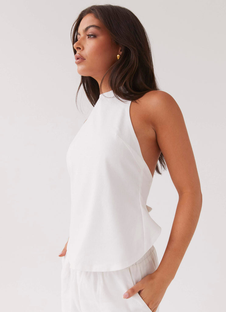 Womens Heatwave Linen Apron Top in the colour White in front of a light grey background