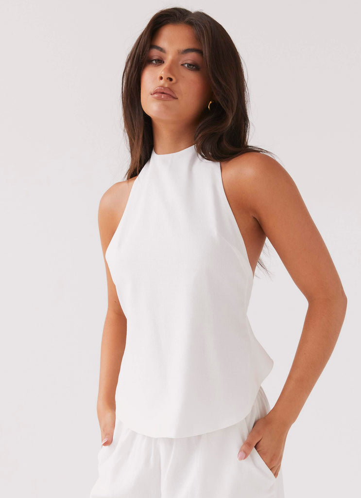 Womens Heatwave Linen Apron Top in the colour White in front of a light grey background