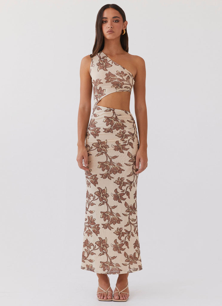 Womens Shadows In The Sun Mesh Maxi Dress in the colour Hazel Bloom in front of a light grey background