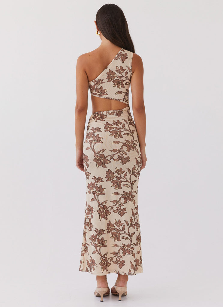 Womens Shadows In The Sun Mesh Maxi Dress in the colour Hazel Bloom in front of a light grey background