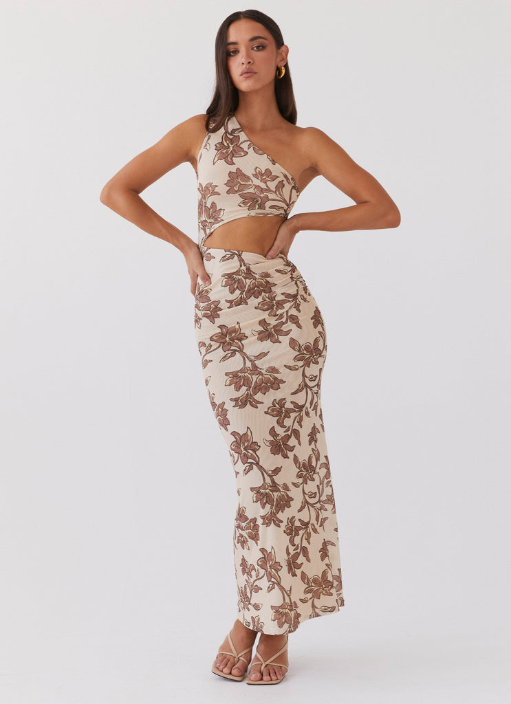 Womens Shadows In The Sun Mesh Maxi Dress in the colour Hazel Bloom in front of a light grey background