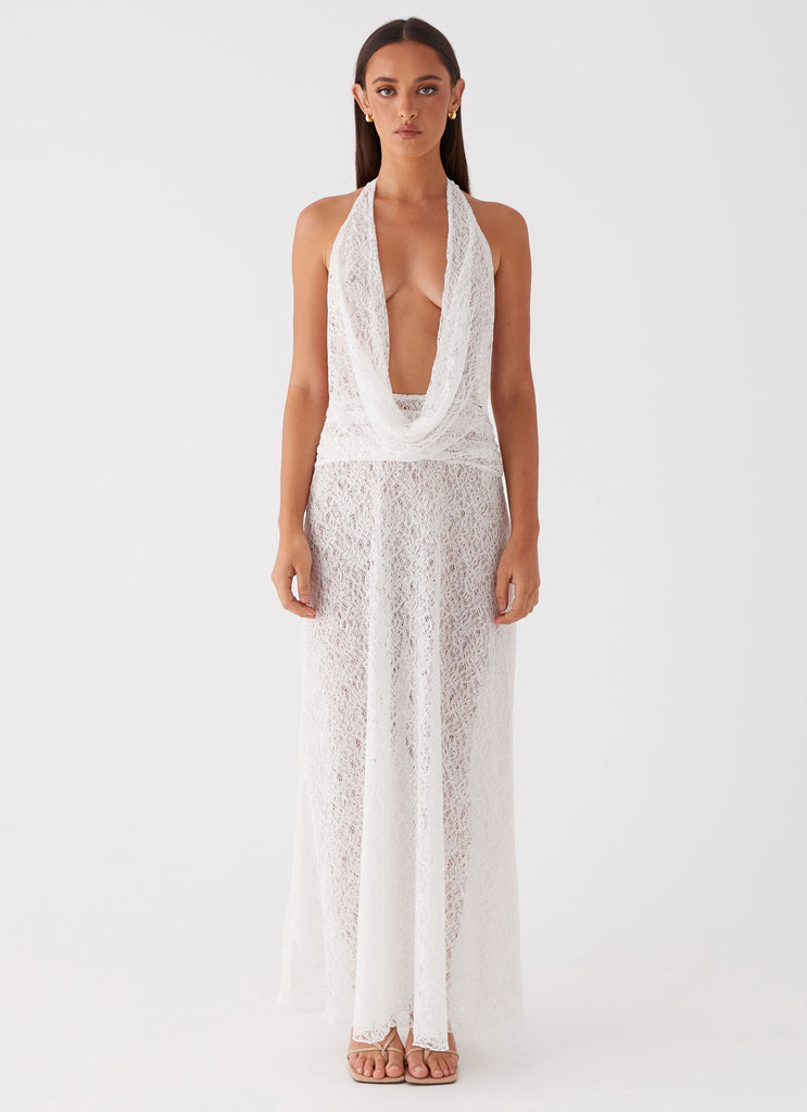 Womens Elysia Lace Maxi Dress in the colour White in front of a light grey background