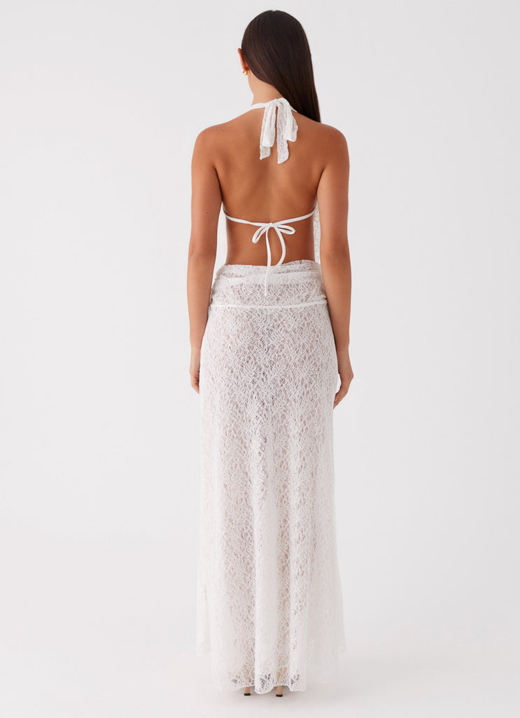 Womens Elysia Lace Maxi Dress in the colour White in front of a light grey background