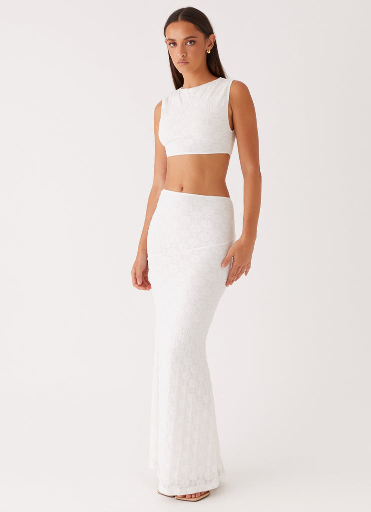 Womens Issey Maxi Skirt in the colour White in front of a light grey background